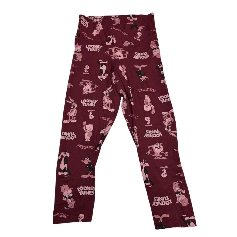 Looney Tunes Junior XL Leggings Maroon Pink Bugs Bunny Sylvester Taz Daffy Duck